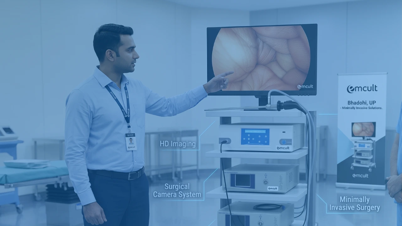 HD Laparoscopy System Bhadohi demonstration by Emcult ASM explaining advanced surgical camera and laparoscopy camera technology to doctors in hospital