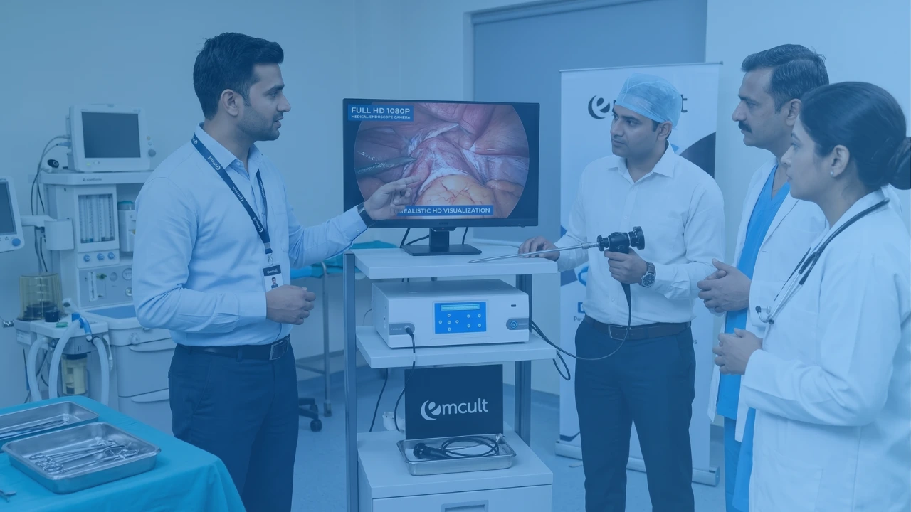 HD Laparoscopy System in Lucknow with Emcult ASM who explaining advanced surgical camera technology and laparoscopy camera features to doctors in a modern hospital.