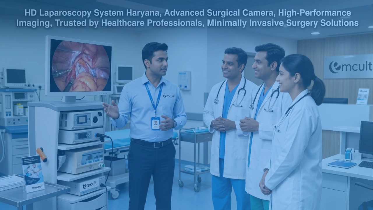 Emcult healthcare consultant demonstrating HD laparoscopy system and advanced surgical camera technology to doctors in Haryana hospital