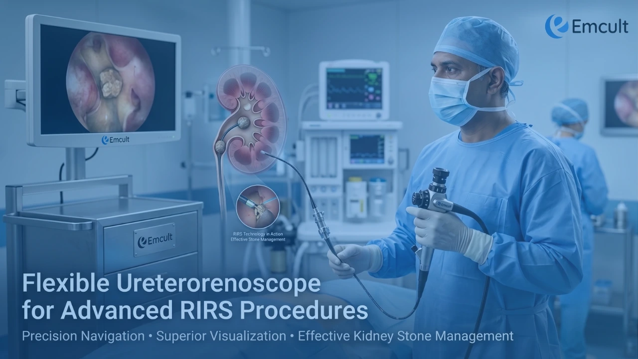 Flexible ureterorenoscope used in RIRS procedure for advanced kidney stone treatment with high-definition visualization and precision navigation by EMcult