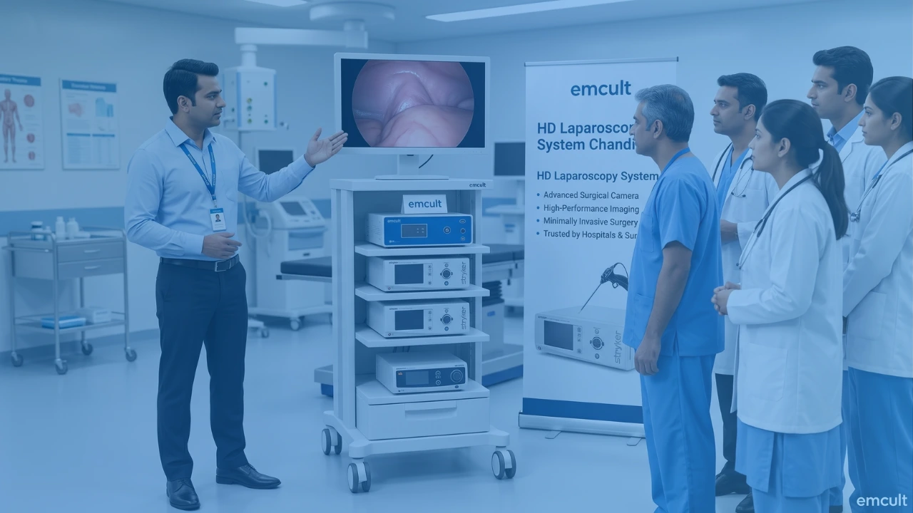 HD Laparoscopy System Chandigarh demonstration by Emcult ASM explaining advanced surgical camera and laparoscopy camera technology to hospital doctors