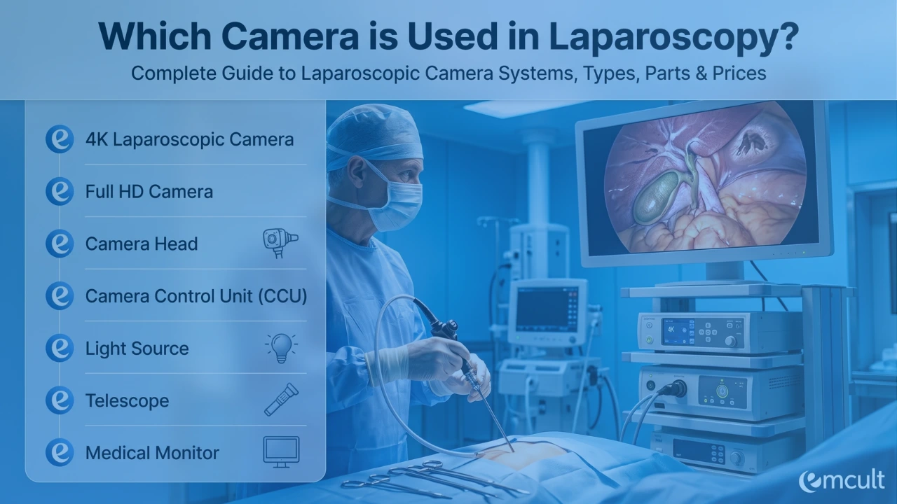 Advanced 4K laparoscopic camera system used in minimally invasive surgery showing the camera head, telescope, and HD surgical monitor.